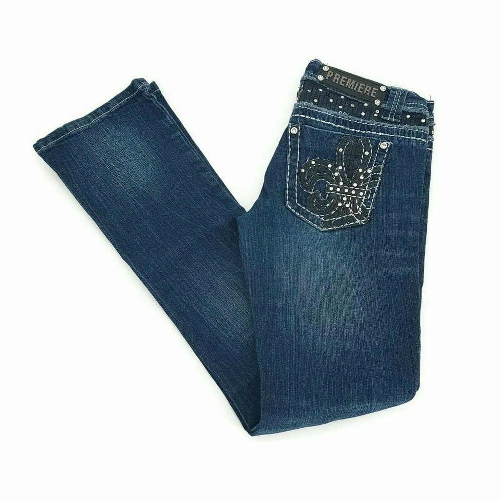 Premier By Rue21 Womens Straight Leg Jeans Blue Fleur-De-Lis Embellished 3/4R